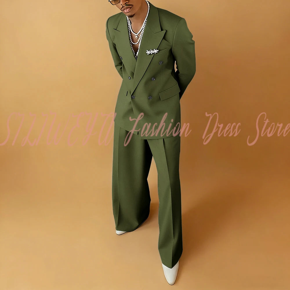 Double Breasted Men Solid Color Suit 2 Pieces Jacket Pants Business Casual Social Party Male Clothing Best Man Costumes Hommes