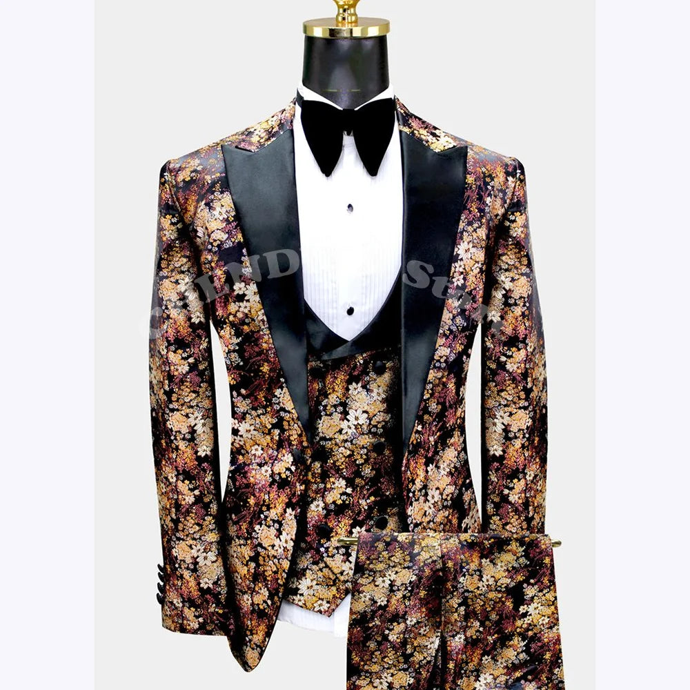 Fashion Printed Men's Suits Single Breasted Peak Lapel Suit 3 Piece Wedding Groom Evening Party Prom Formal Outfits Customized