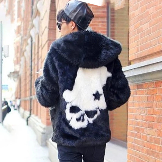 PFHQ Men's Faux Fur Coat Tide Skull Pattern Hooded Jackets Personality Plush Cotton Warm Outdoor Advanced Autumn Winter 21Z2162