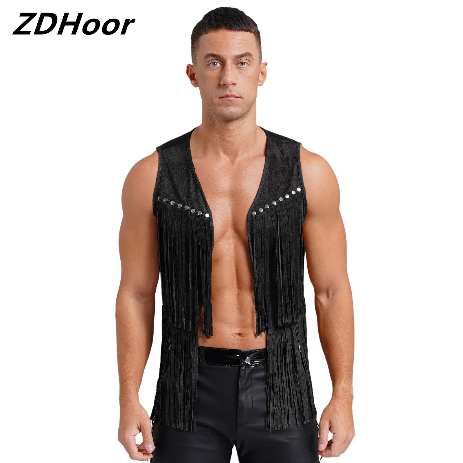 Mens Faux Suede Tassel Vest Western Cowboy Vest Fashion Rivets Fringe Waistcoat Open Front Sleeveless Jacket