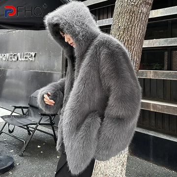 PFHQ Fur Cotton Coat Thick Hooded Warm Cotton Jacket 2024 Solid Color With Hat Korea Fashion Male Tops Casual 21Z6674