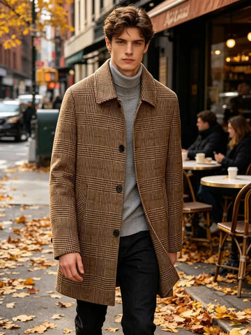 Men's Plaid Wool Blend Overcoat Turn Down Collar Mid Length Classic British Style Jacket For Business Casual