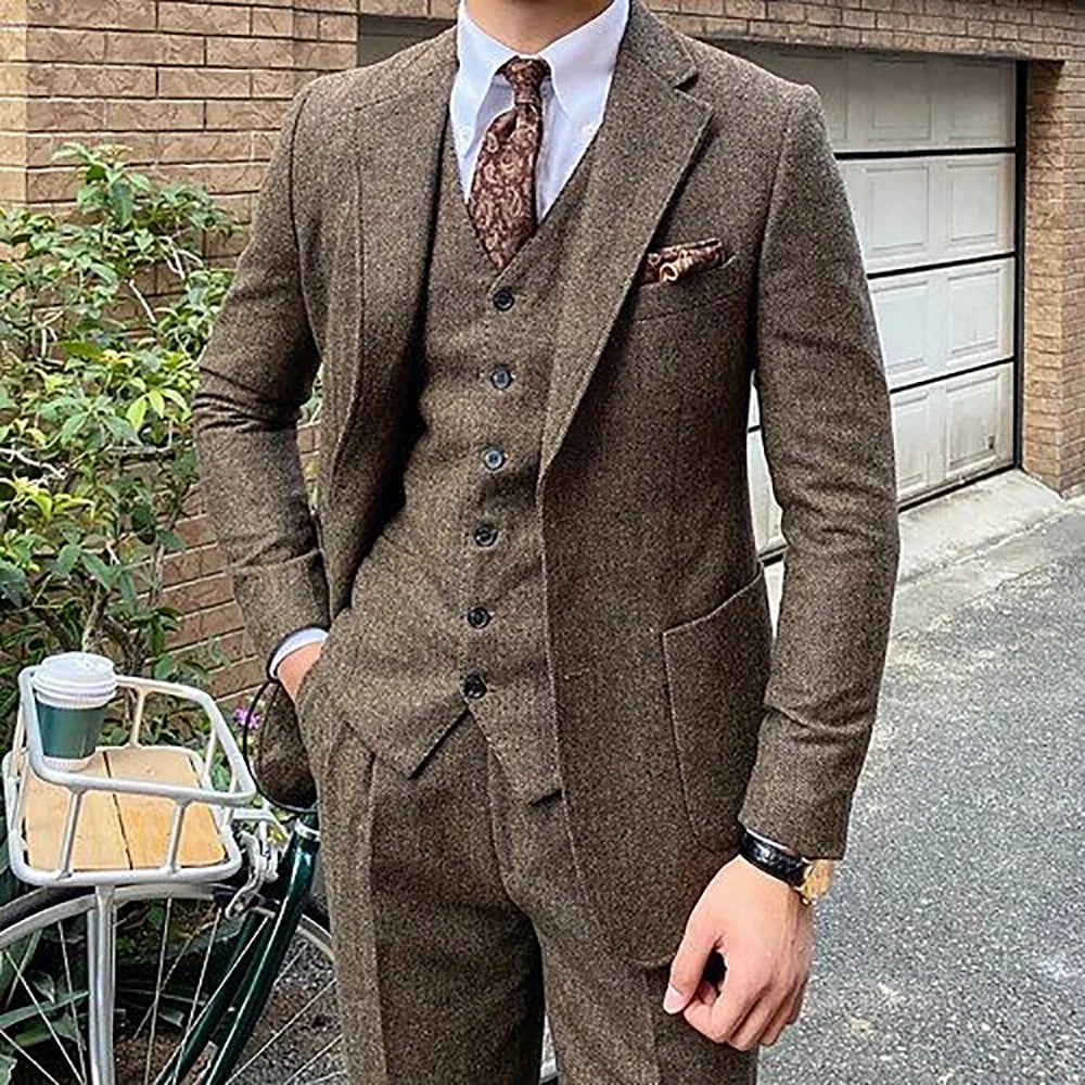 British Style Woolen Suit For Men Three Pieces High Quality Chic Notch Lapel Outfit Single Breasted Business Casual Blazer Set
