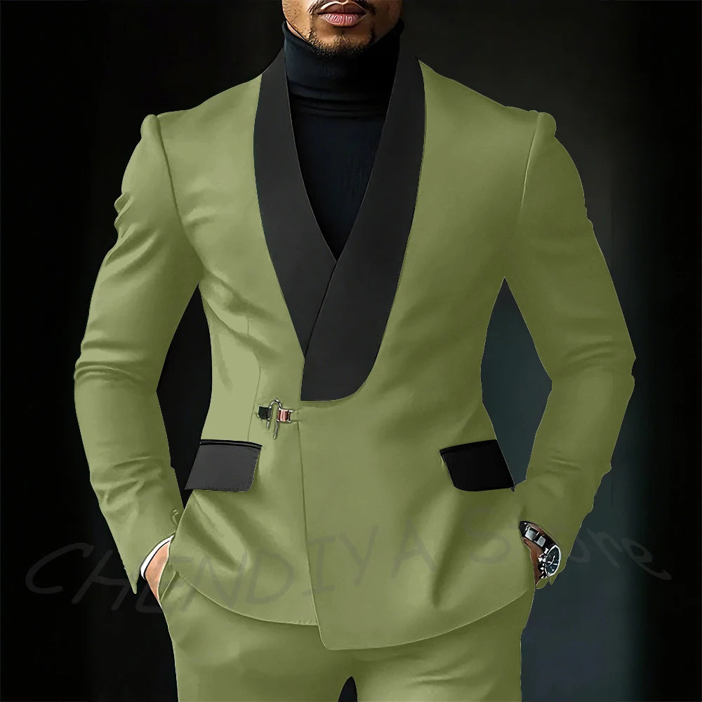 Contrast Color Men's Suit Set 2 Piece Elegant Shawl Lapel Slim Fit Formal Outfit Business Casual Jacket Pants Customized