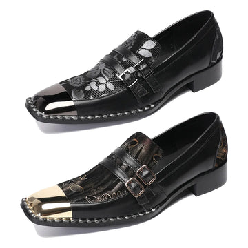 New printed men's square toe formal leather shoes black leather party formal shoes  gold buckle shoes, formal shoes for men