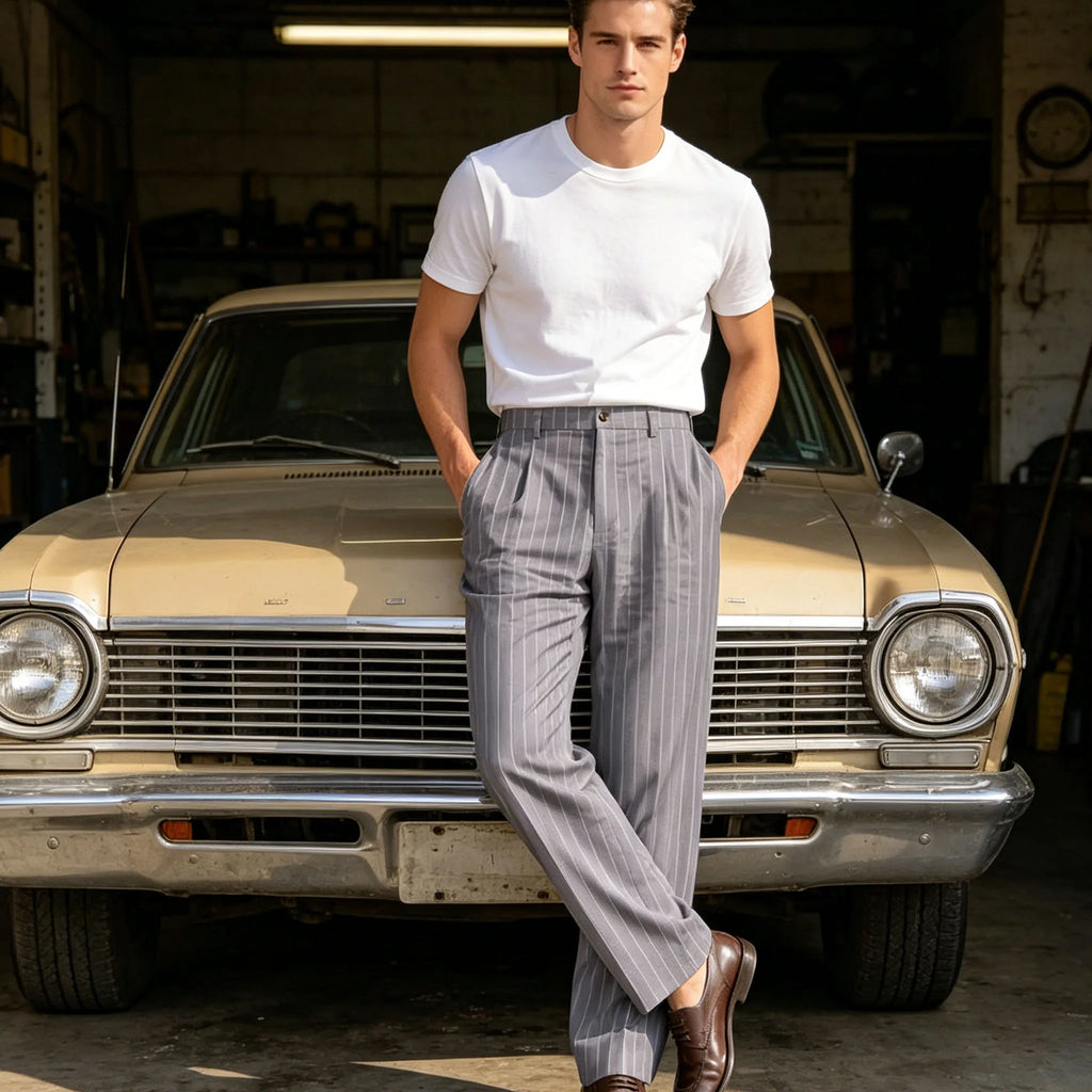 Men's Pinstripe Linen Pants Solid Color Loose Fit Half Elastic Waist Straight Leg Trousers Breathable Soft  For Summer Beach