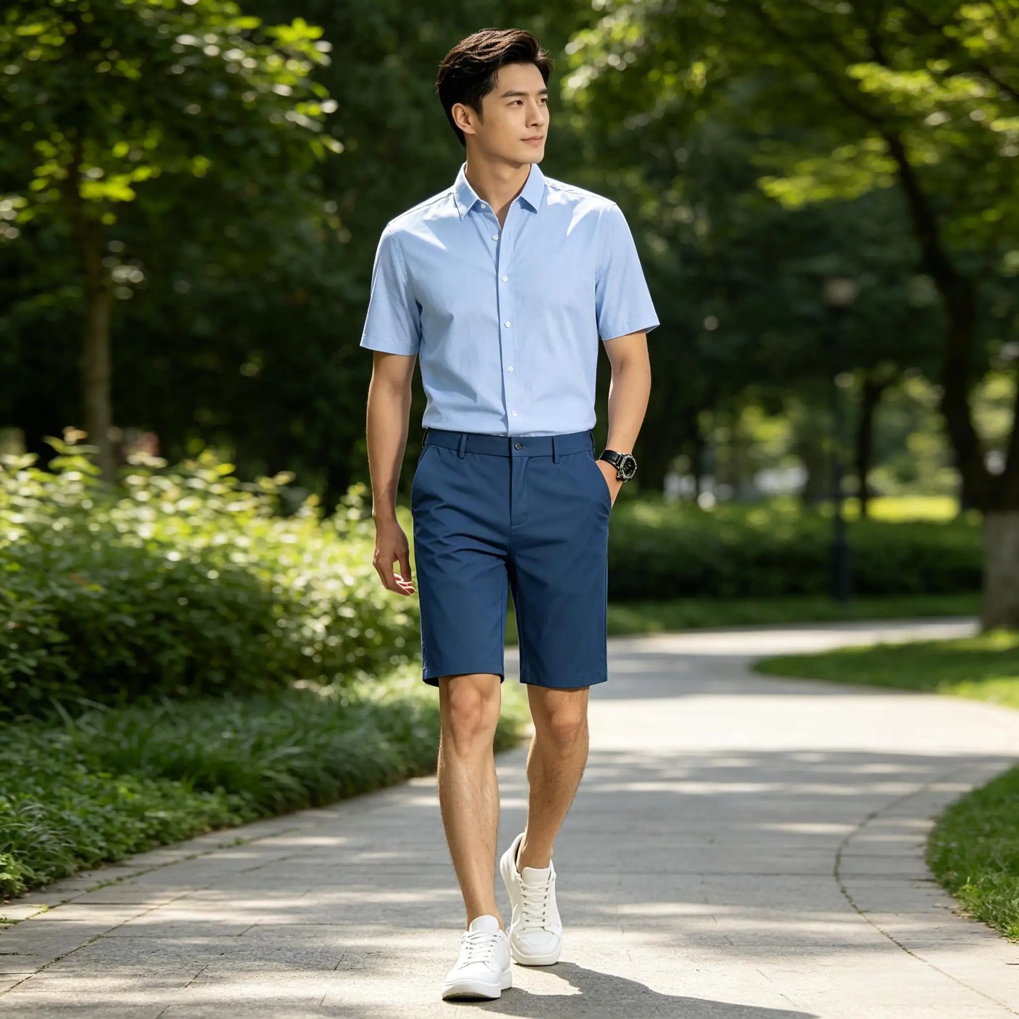 Men Cotton Solid Knee Length Bermuda Shorts Straight Chino Shorts Front Back Pockets Breathable Summer Beach Daily Casual Shorts