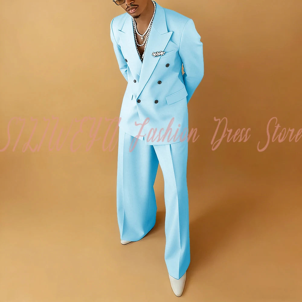 Double Breasted Men Solid Color Suit 2 Pieces Jacket Pants Business Casual Social Party Male Clothing Best Man Costumes Hommes