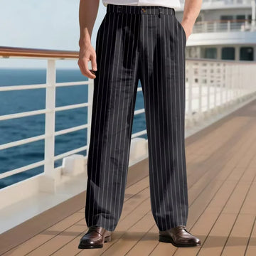 Men's Pinstripe Linen Pants Solid Color Loose Fit Half Elastic Waist Straight Leg Trousers Breathable Soft  For Summer Beach