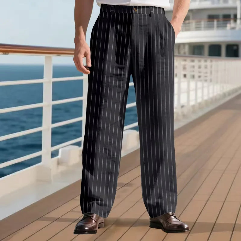 Men's Pinstripe Linen Pants Solid Color Loose Fit Half Elastic Waist Straight Leg Trousers Breathable Soft  For Summer Beach