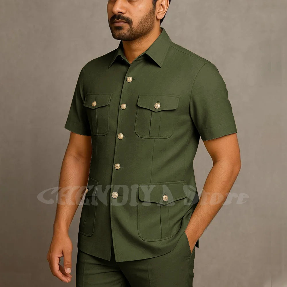 Solid Color Men Suits Safari Style Stand Collar Single Breasted Slim Fit Outfits Smart Casual Office Work Social Daily Set