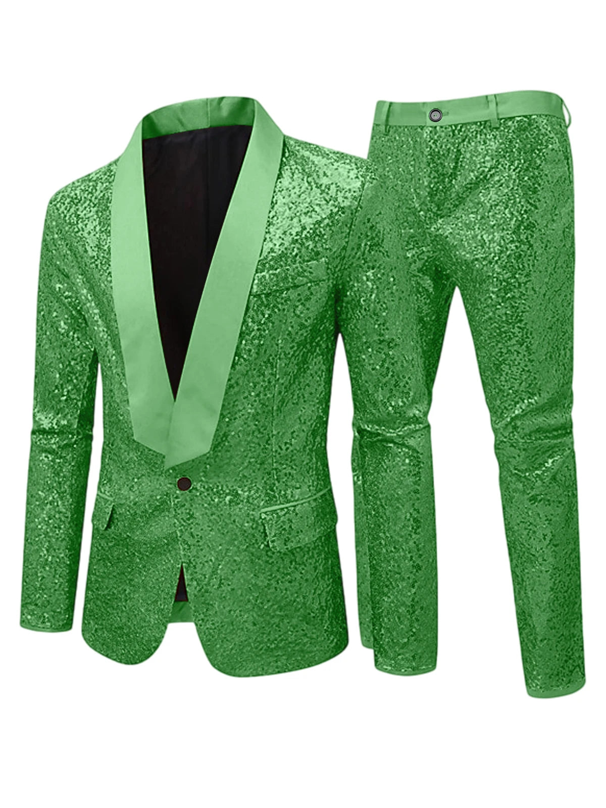 Men's Sequin Tuxedo Suit Set Shiny One Button Satin Patchwork Shawl Lapel Slim Fit 2 Piece Blazer Pants For Wedding Party Prom