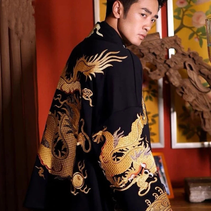 Spring Autumn New V-neck Long Sleeve Fashion Cardigan Man High Street Vintage Printing Y2K Chinese Style Personality Loose Coat