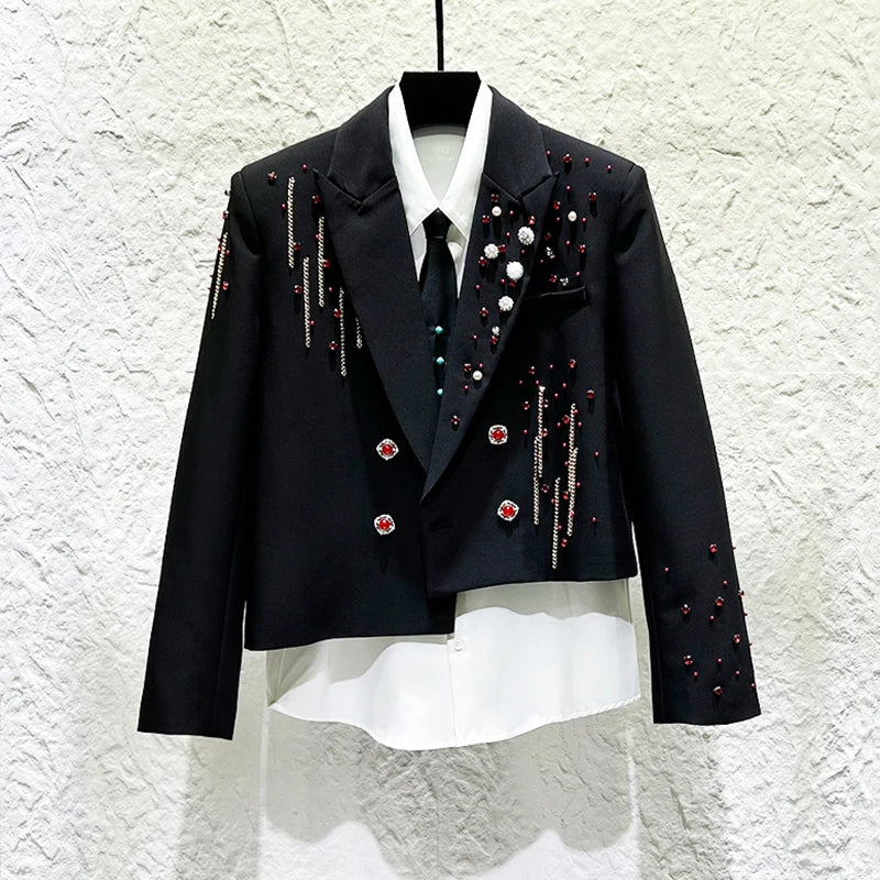 PFHQ Trend Men's Short Suit Jacket Personalized Beading Rhinestone Chain Decoration Fashion Double-breasted Male Blazer 21E7791