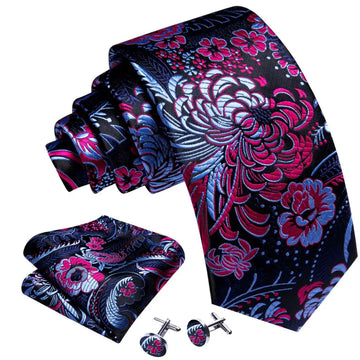 Elegant Multi Floral Silk Homme Tie Tie à bouffées de manchette Hanky ​​Set Jacquard Flower Coldie for Hommes Wedding Business Party Event Barry.wang