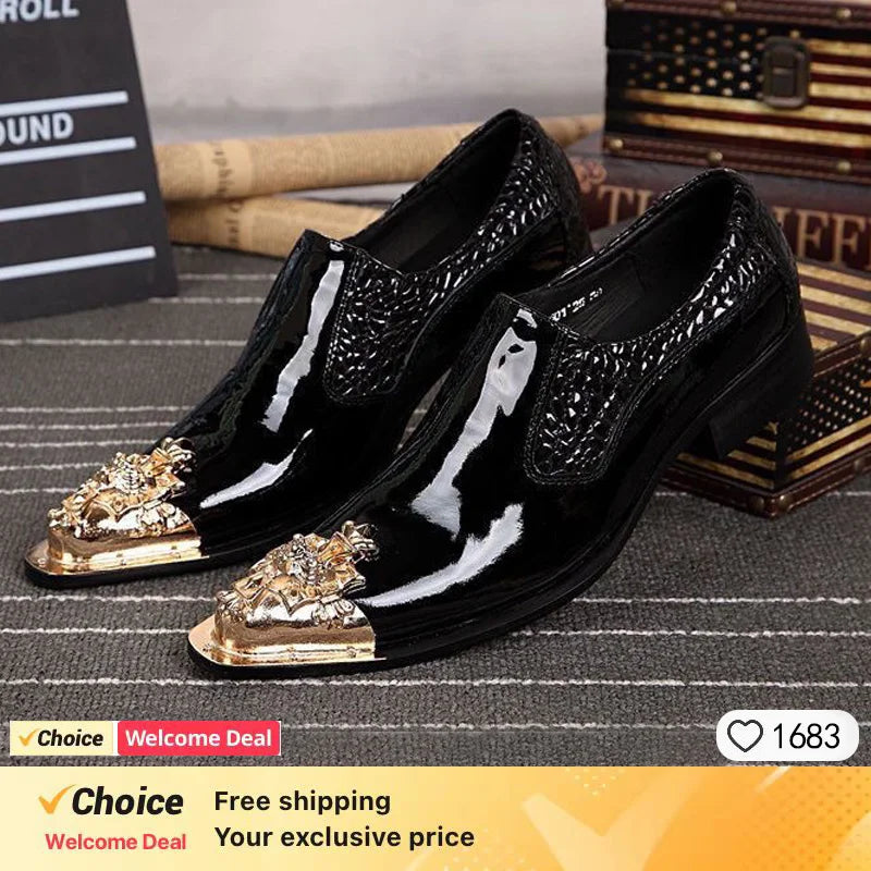 New upscale men's casual shoes patent leather pointed embroidery business casual black wedding dress shoes.