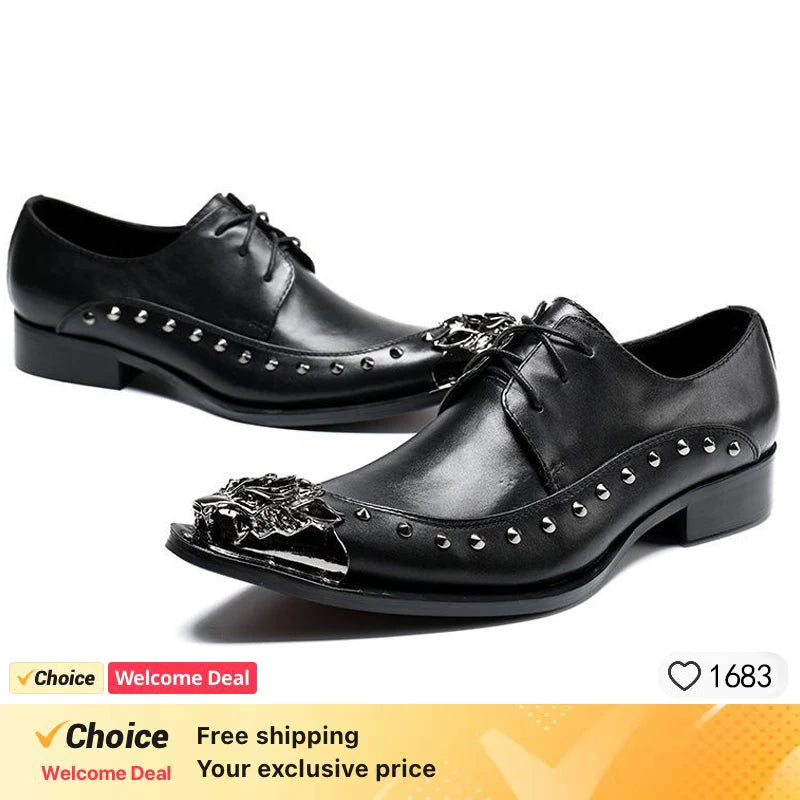 Men's dress shoes black Derby shoes casual lace-up leather shoes fashion pointed rivet shoes male.