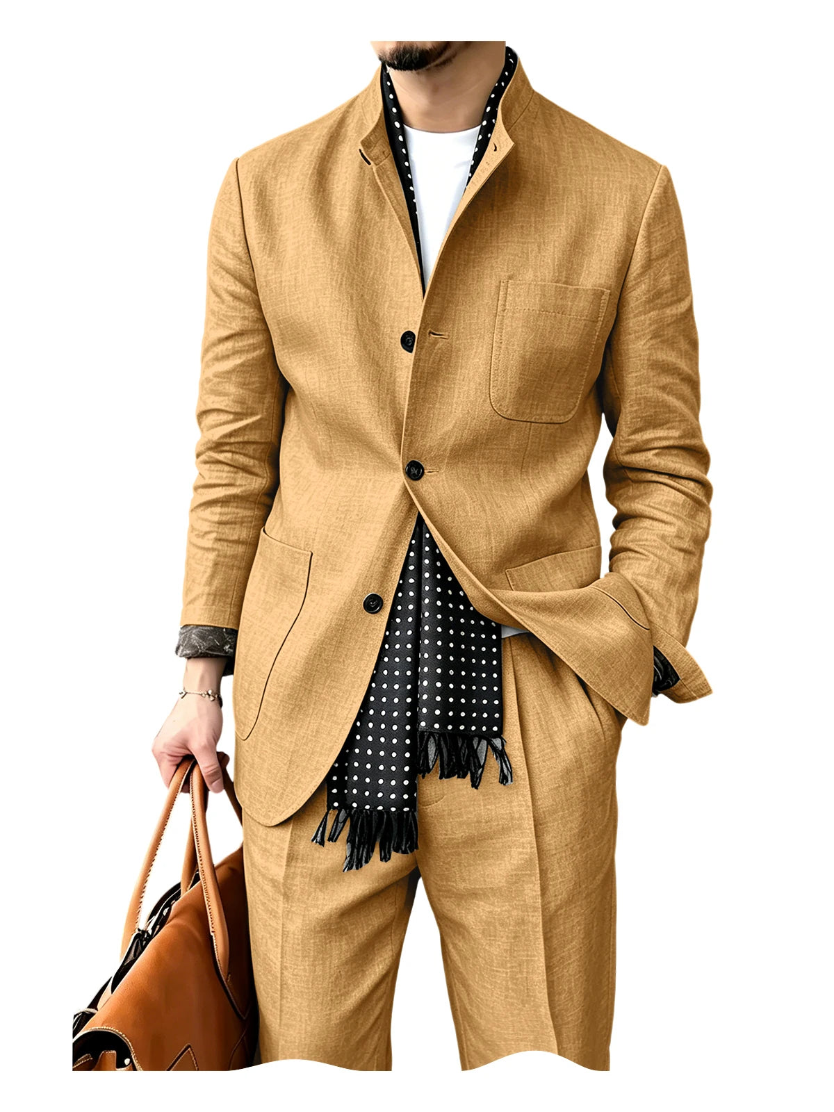 Men's Linen Blend 2 Piece Suit Set Stand Collar Three Button Breathable Casual Blazer Pants For Business Daily Wear Summer