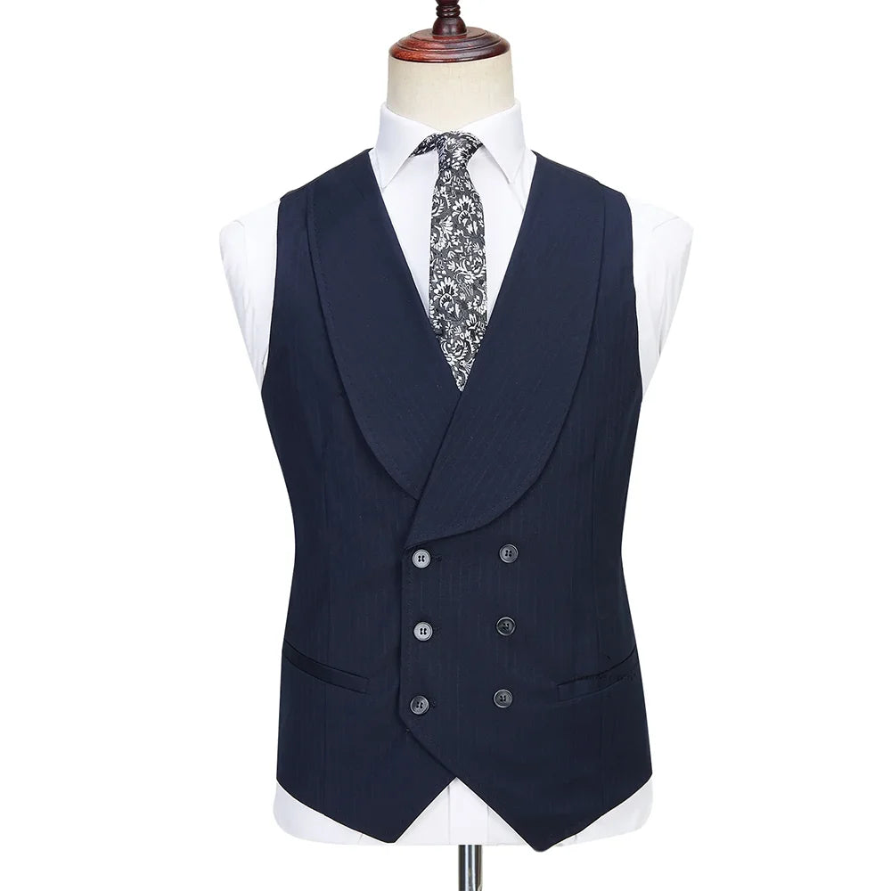 High Quality Men Suits Notch Lapel Single Breasted Navy Blue Pinstripe Suit Smart Casual Formal Party 3 Piece Formal Blazer