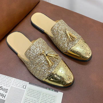 2024 New Luxury Designer Men's Casual Bling Leather Loafers Italian for Men Half Shoes Mules Male Black Slides Business Slippers