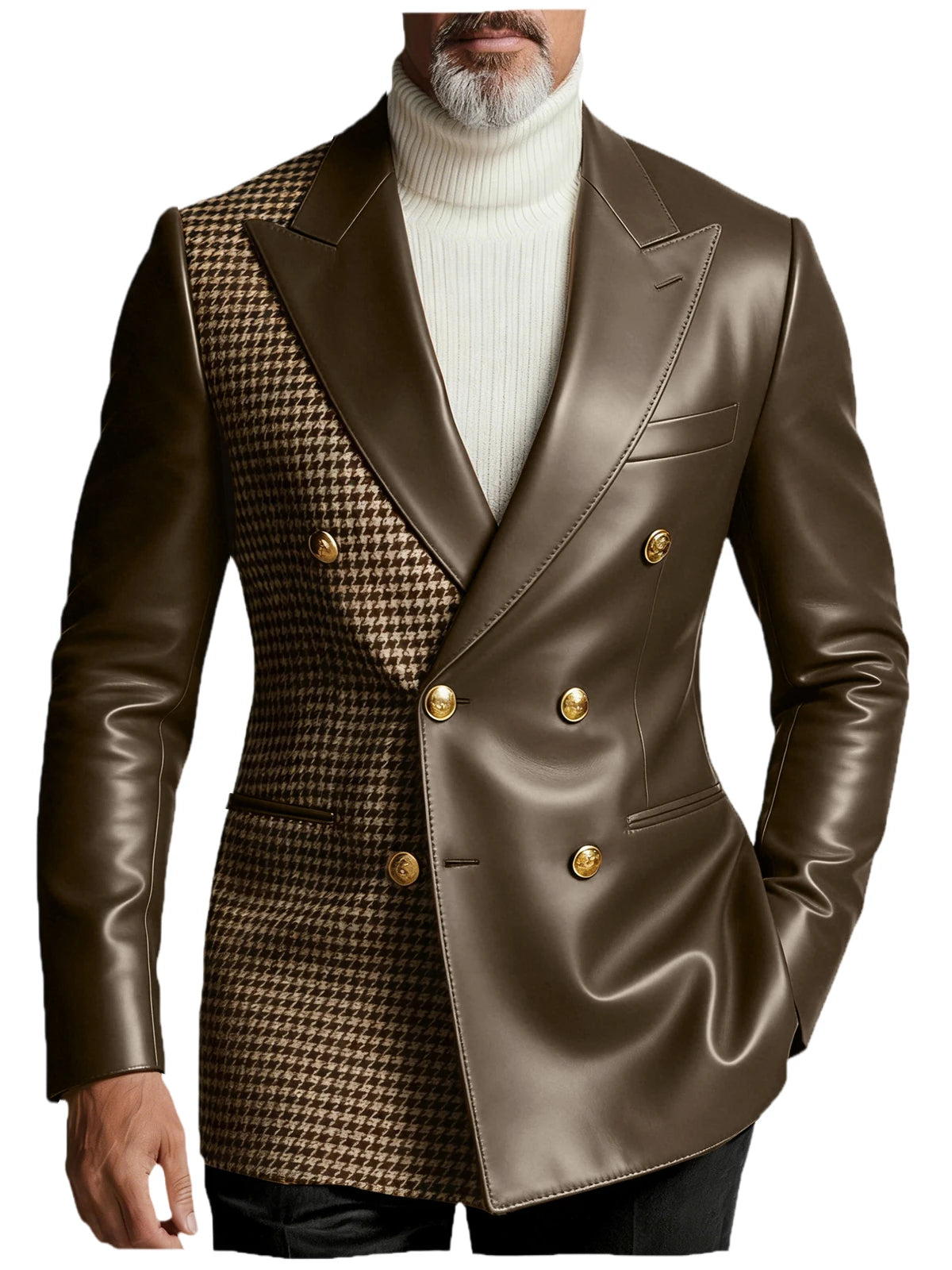 Men's Houndstooth Faux Leather Patchwork Blazer Jacket Double Breasted Peak Lapel Gold Button Slim Fit Suit For Business Casual