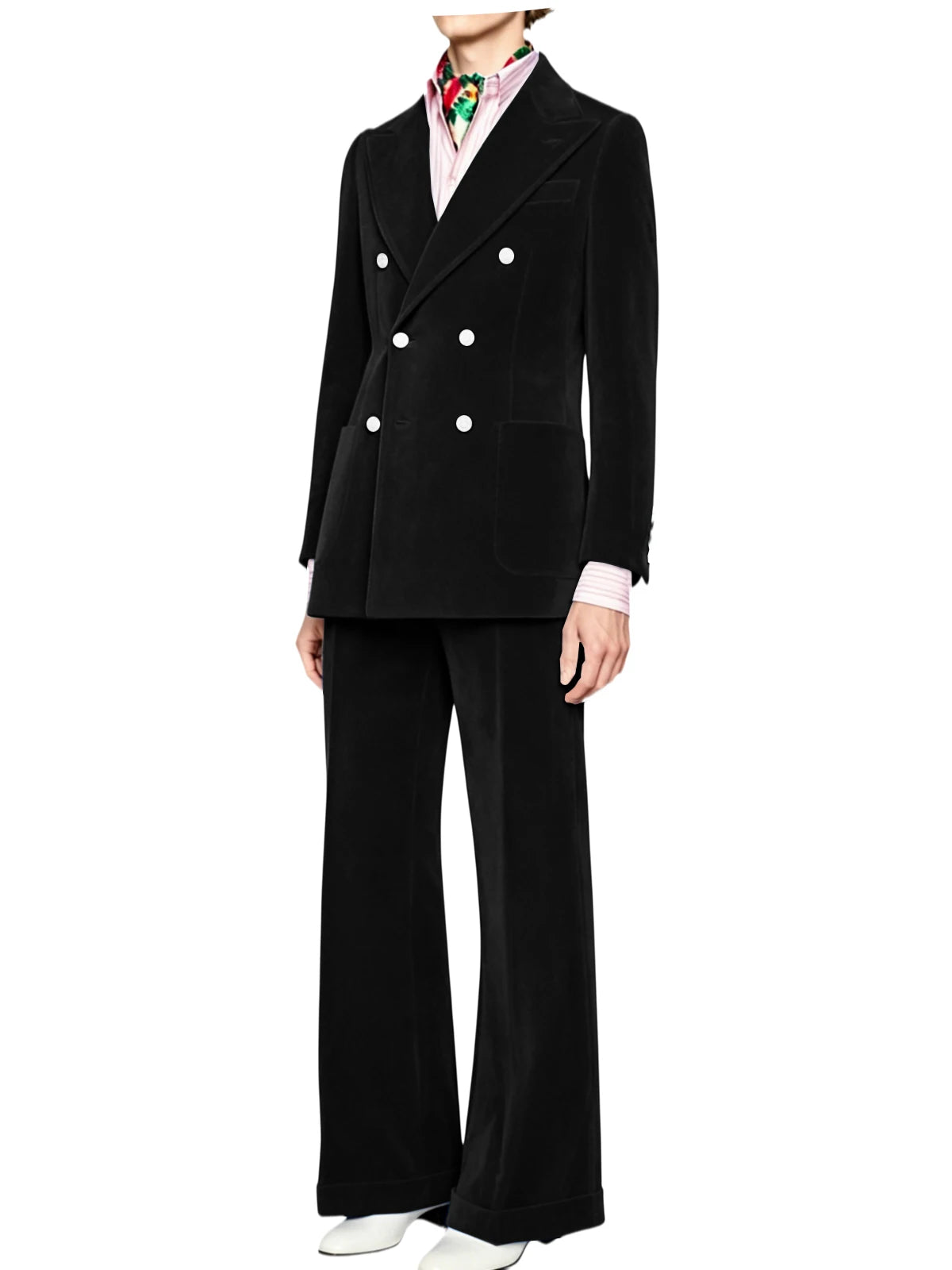 Men's Velvet Double Breasted 2 Piece Suit Set Slim Fit Peak Lapel Formal Straight Leg Pants Suit For Party Wedding Daily Wear