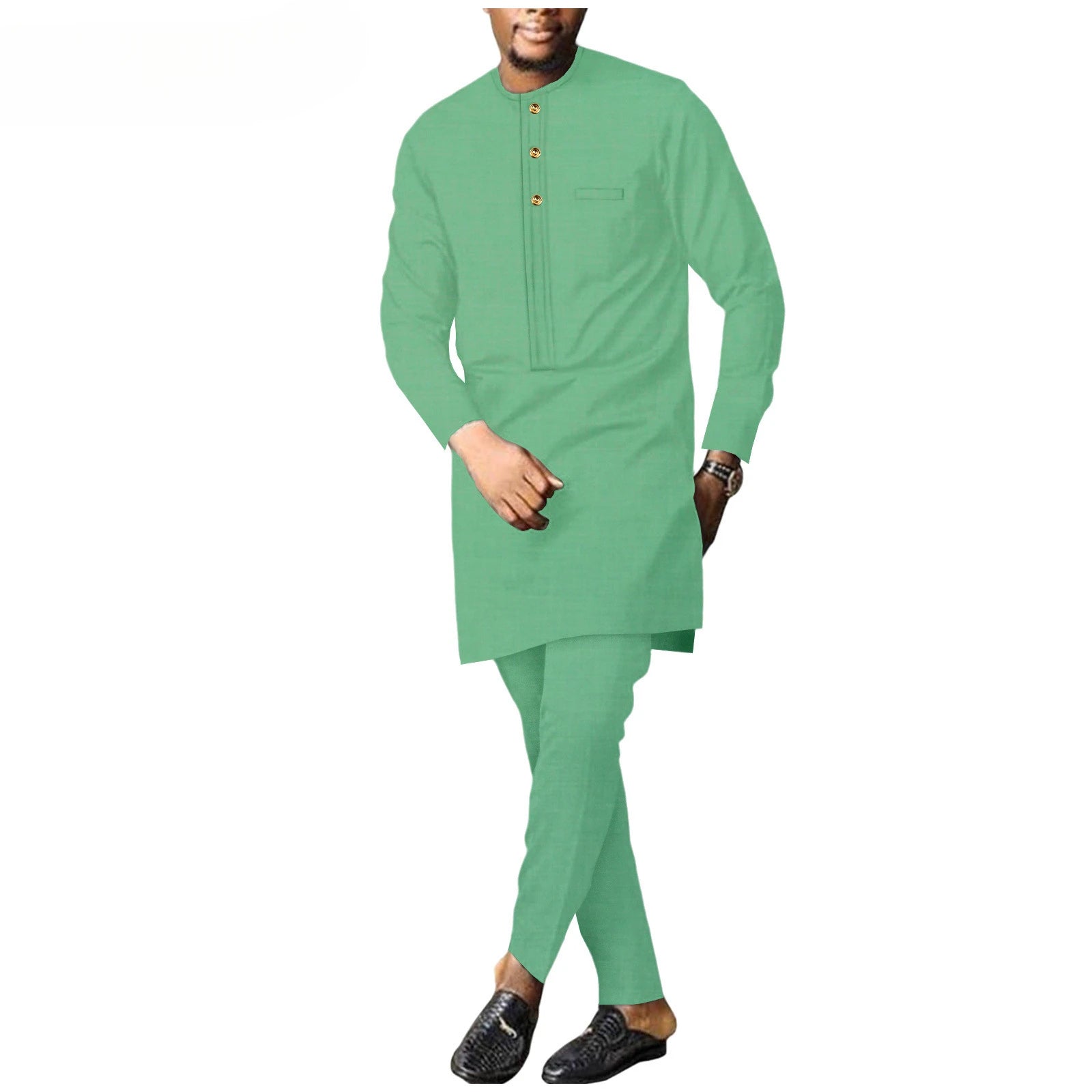 Fashion Spring Summer Autumn New African Ethnic Solid Color Cotton Men's Business Casual Suit (top + Pants) Can Be Customized