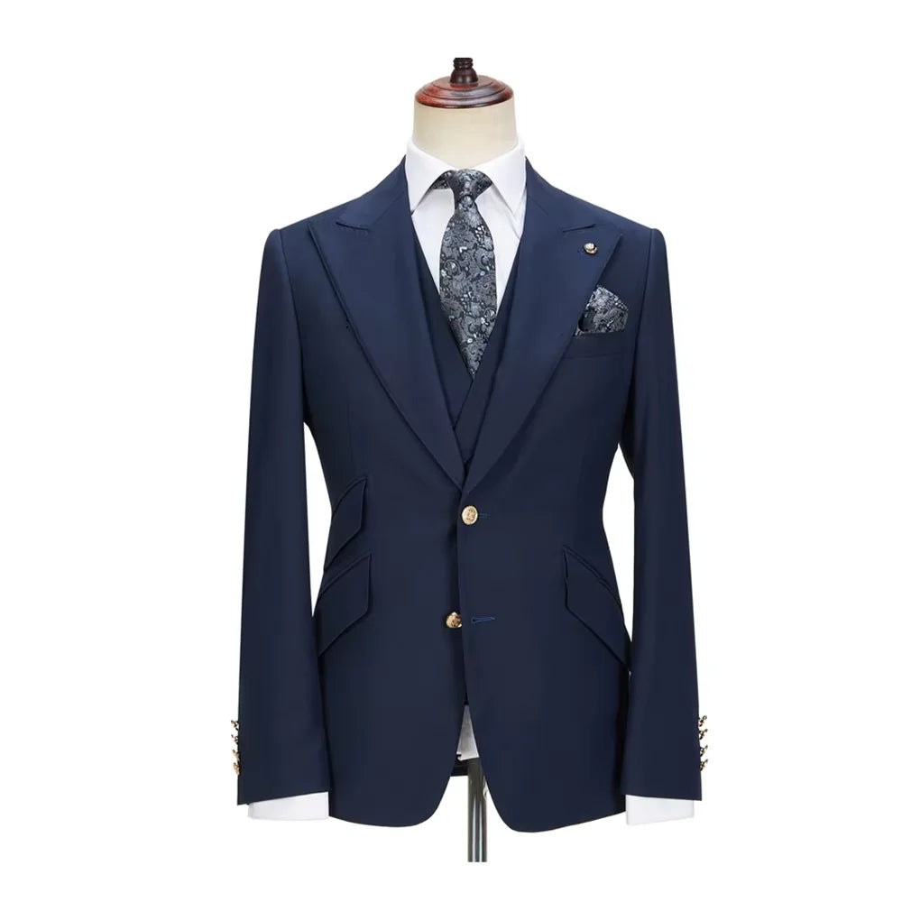 Solid Color Men's Suits 3 Piece (Blazer+Pants+Vest) Fashion Peak Lapel Single Breasted Prom Male  Business Casual Clothing
