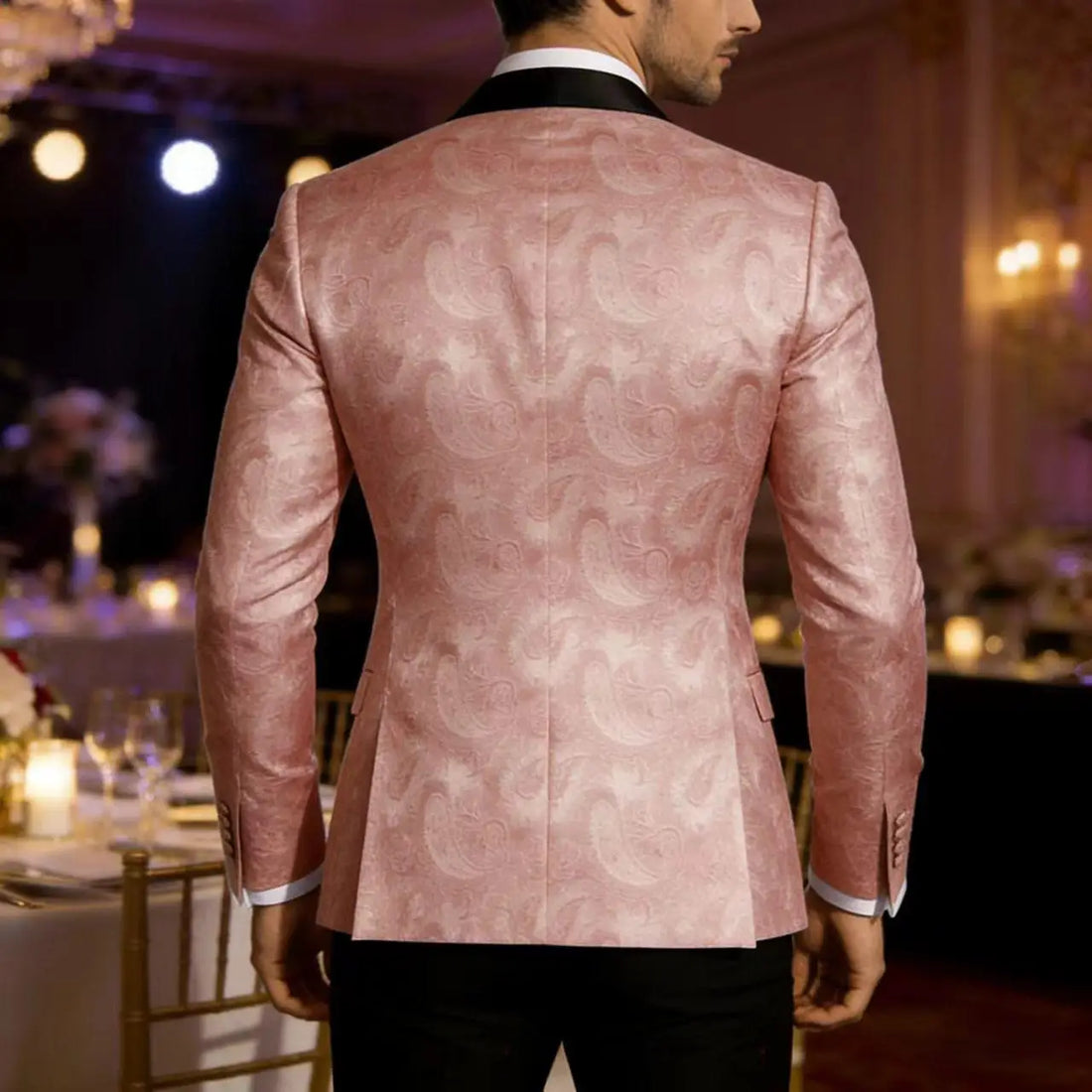 Men's Pink Paisley Tuxedo Blazer Black Satin Lapel 2 Button Formal Jacket Wedding Party Prom Suit Coat Plus Size