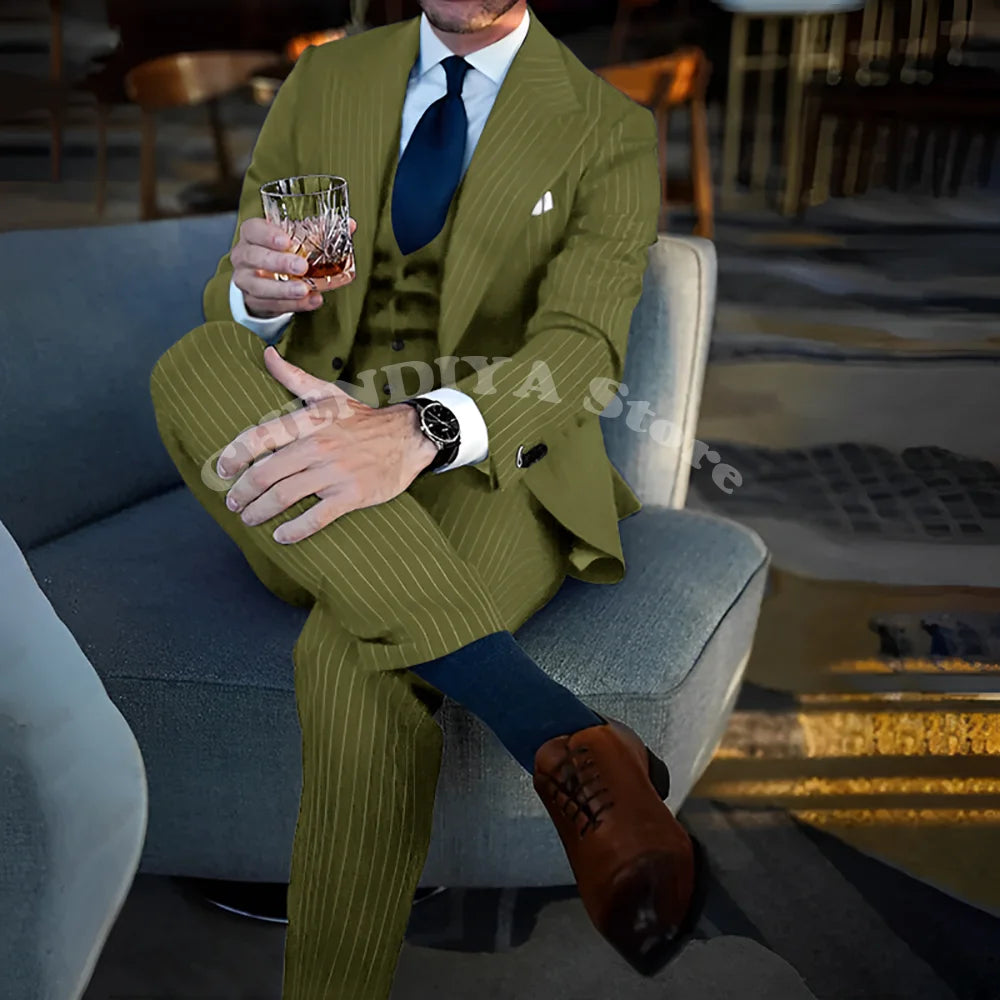 Chic Blue Pinstripe Men Suits Fashion Peak Lapel Business Casual Male Suit Elegant Wedding Groom Tuxedo Slim Fit 3 Piece Set