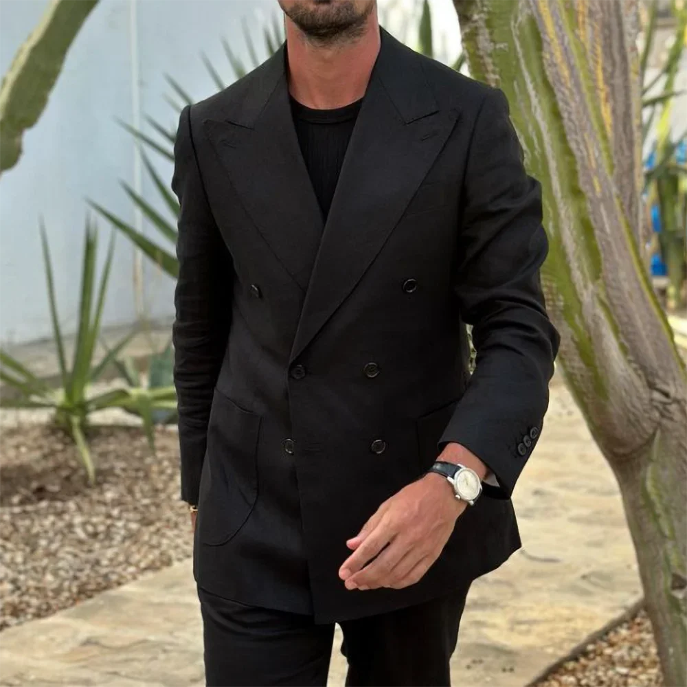 Fashion Men's Suits Black Notch Lapel Double Breasted Classic Smart Casual 2 Piece Prom Party Wedding Tuxedo Slim Costume Homme