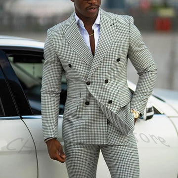 Classic Plaid Slim Fit Men Suits British Style Elegant Double Breasted Business Casual Formal Evening Party Event Male Set