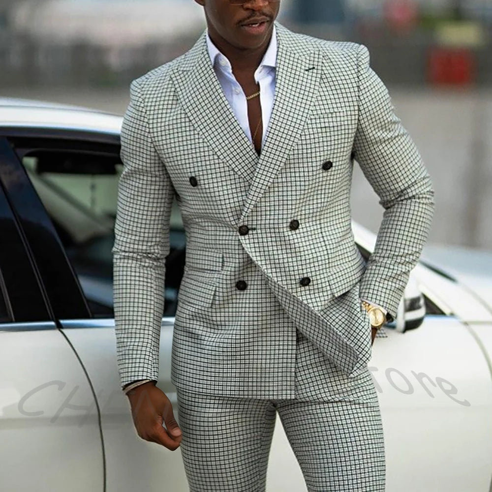 Classic Plaid Slim Fit Men Suits British Style Elegant Double Breasted Business Casual Formal Evening Party Event Male Set