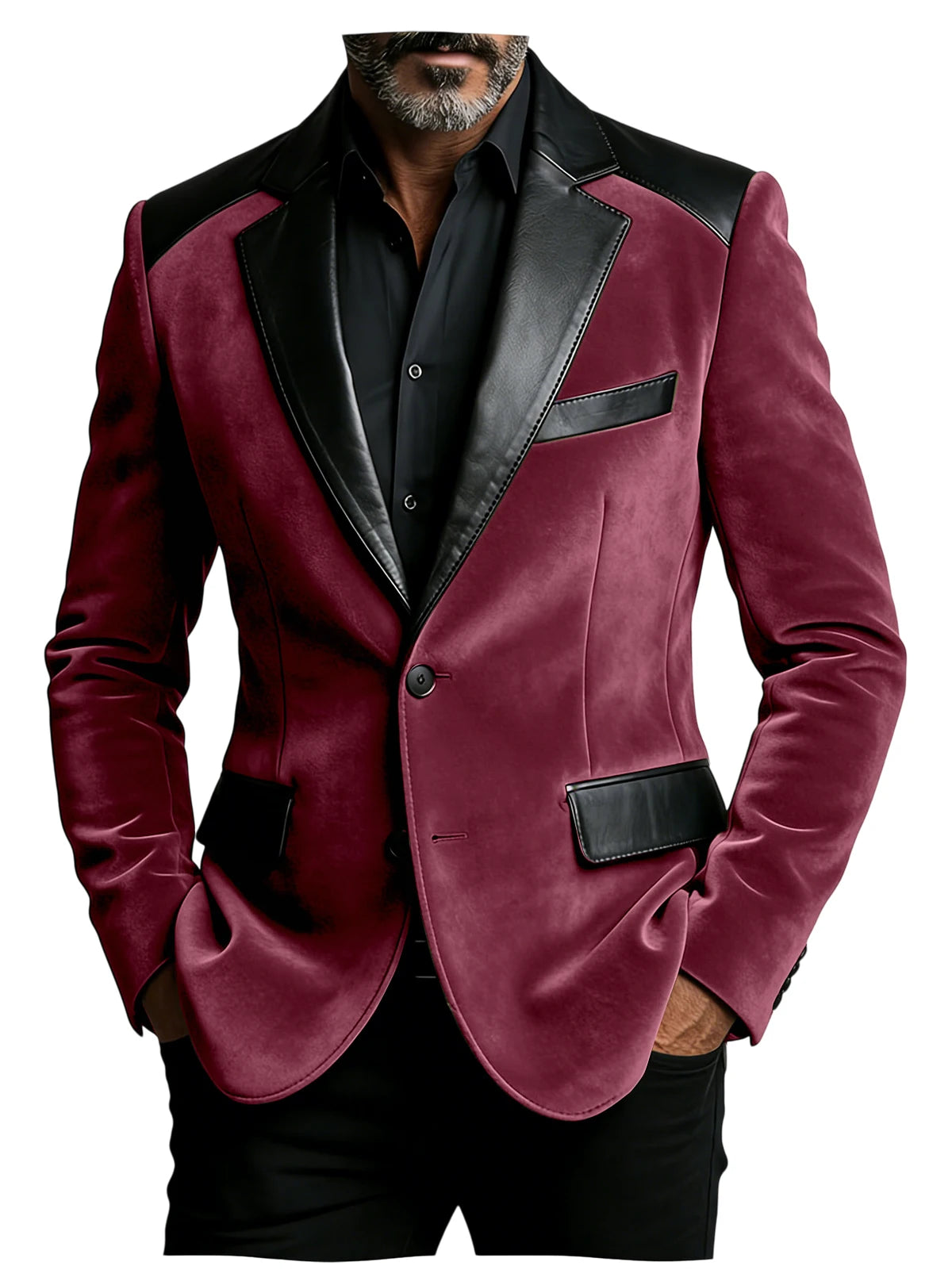 Men's Velvet Blazer with Leather Patchwork Slim Fit Two Button Peak Lapel Suit Jacket for Business Wedding Party Flap Pockets