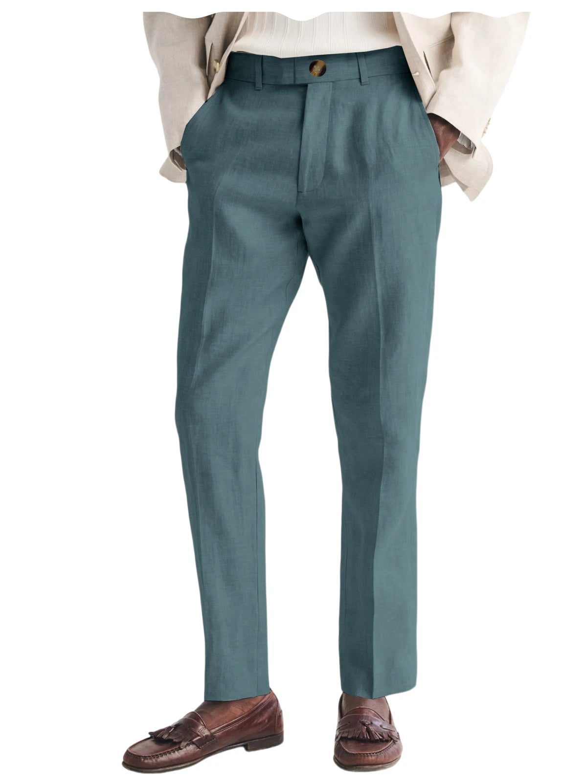 Men's Linen Straight Fit Pants Wrinkle-Resistant Lightweight Breathable Flat-Front Casual Trousers Expandable-Waist For Summer