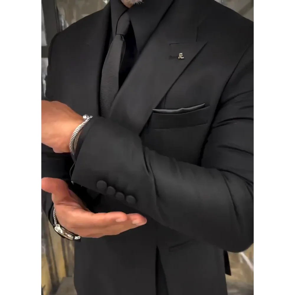 Classic Black Men Suits Single Button Double Split Formal Blazer Business Casual Party Prom Wedding Set 2 Piece Jacket Pants