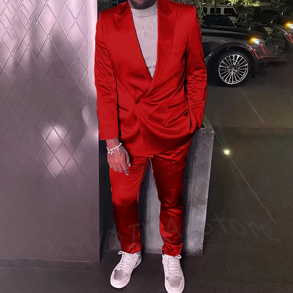 Silver Satin Men Suits 2 Piece Chic Peak Lapel Casual Daily Suit Single Button Formal Evening Party Tuxedo (Blazer+Pants)