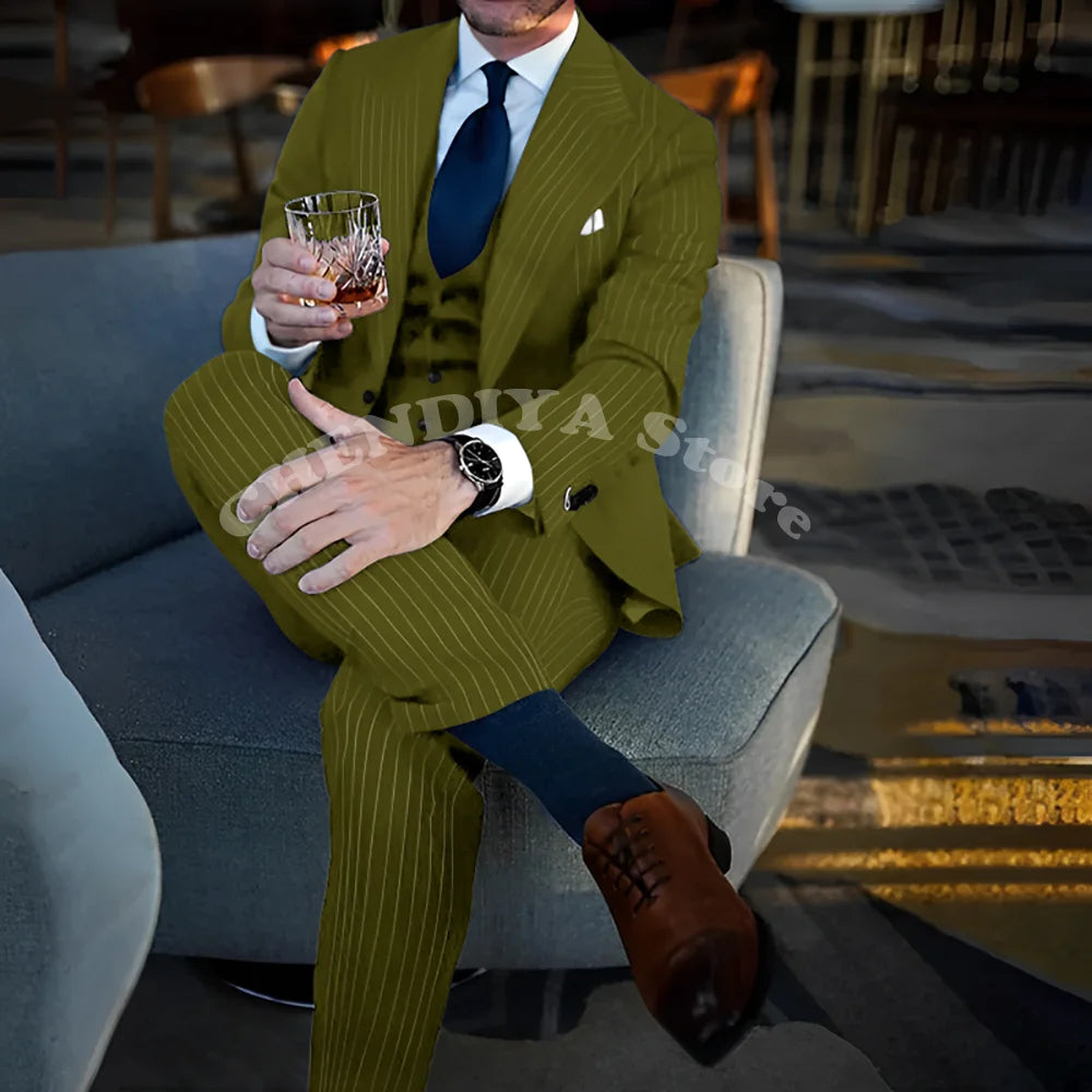 Chic Blue Pinstripe Men Suits Fashion Peak Lapel Business Casual Male Suit Elegant Wedding Groom Tuxedo Slim Fit 3 Piece Set