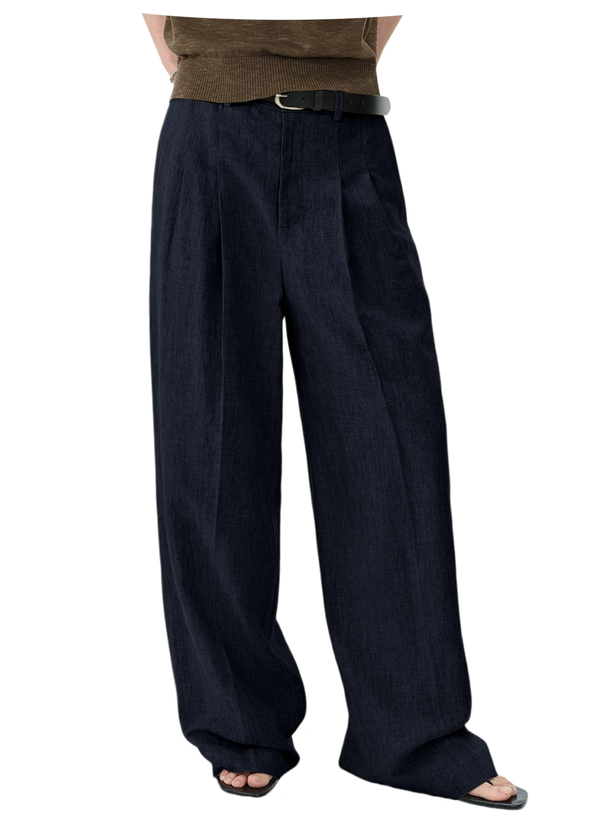 Men Linen Wide Leg Pants High Waist Pleated Casual Trousers Breathable Loose Straight Suit Pants Streetwear
