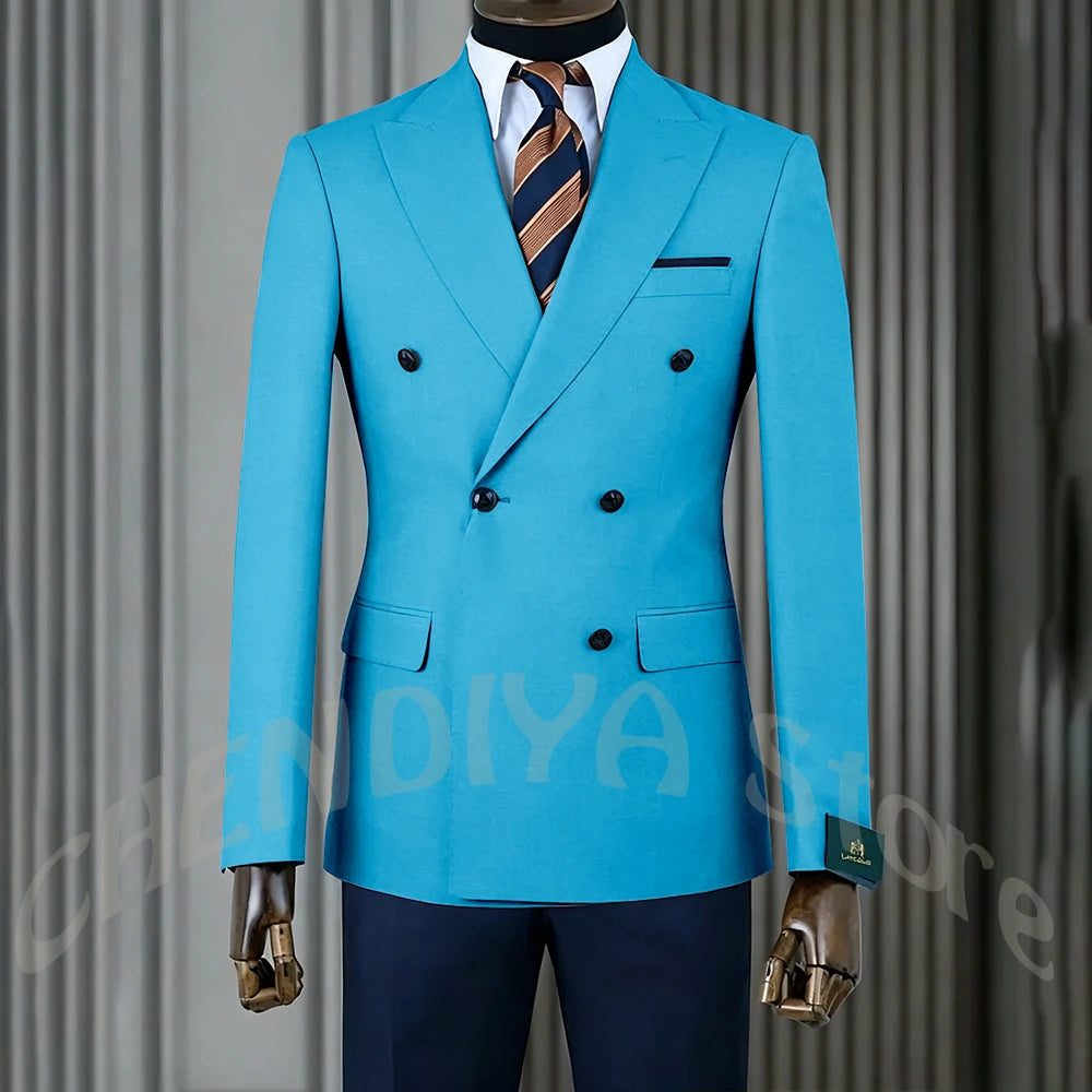 Stylish Men Suits Contrast Color Formal Blazer Male Clothing Double Breasted Business Casual Party Prom Jacket Pants Navy Blue