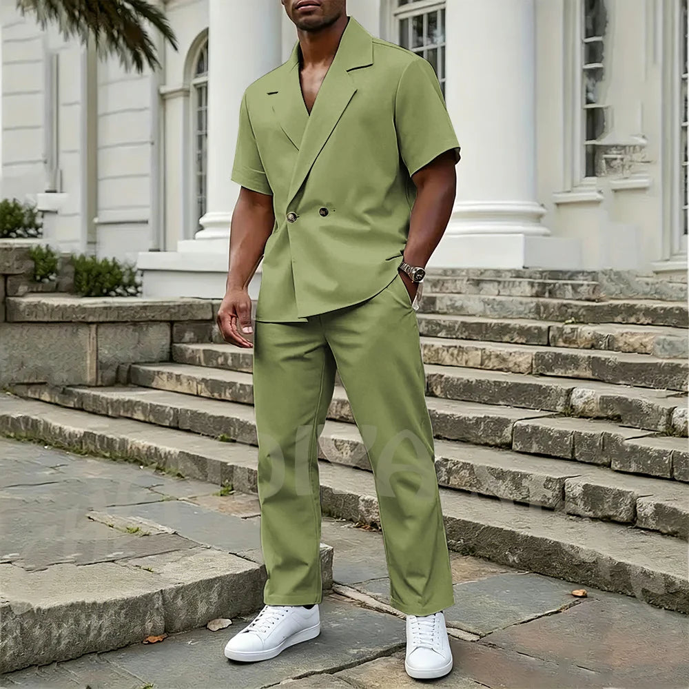 Stylish Men's 2 Piece Sets Notch Lapel Double Button Short Sleeves Blazer Suit Straight Fit Summer Casual Fashion Outfit
