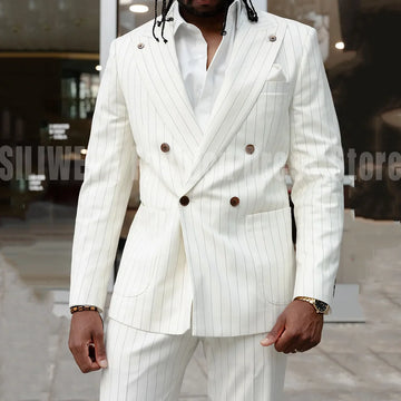 Luxury White Men's Suits 2 Piece Jacket Pants Full Sets Double Breasted Peak Lapel Elegant Male Clothing Custom Costume Homme