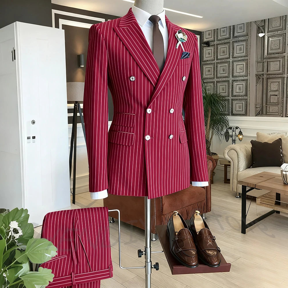Brown Striped Men Suits Double Breasted Formal Outfits 2 Piece Male Clothing Business Casual Tailored Party Prom Jacket Pants