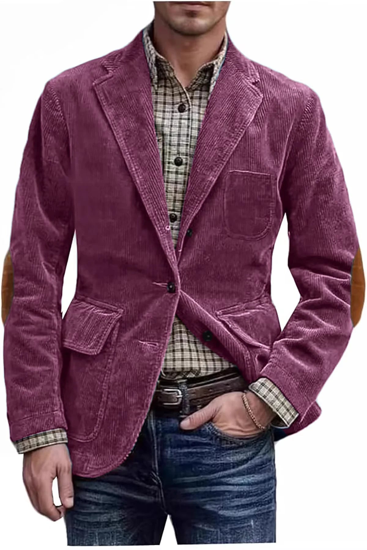 Men's Hunting Corduroy Blazer with Elbow Patches Vintage Tan Notched Lapel Casual Jacket British Slim Fit Daily Work Suit Coat