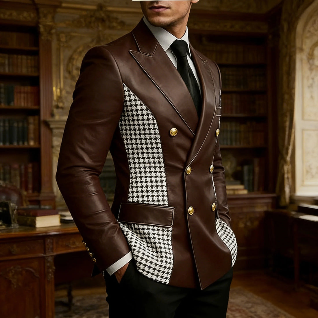 Men’s Brown Leather Blazer With Houndstooth Sides Vintage Two-Tone Double Breasted Slim Fit Gold Buttons Leather Tuxedo Jacket