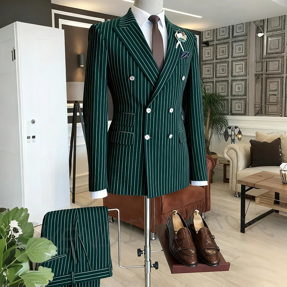 Brown Striped Men Suits Double Breasted Formal Outfits 2 Piece Male Clothing Business Casual Tailored Party Prom Jacket Pants