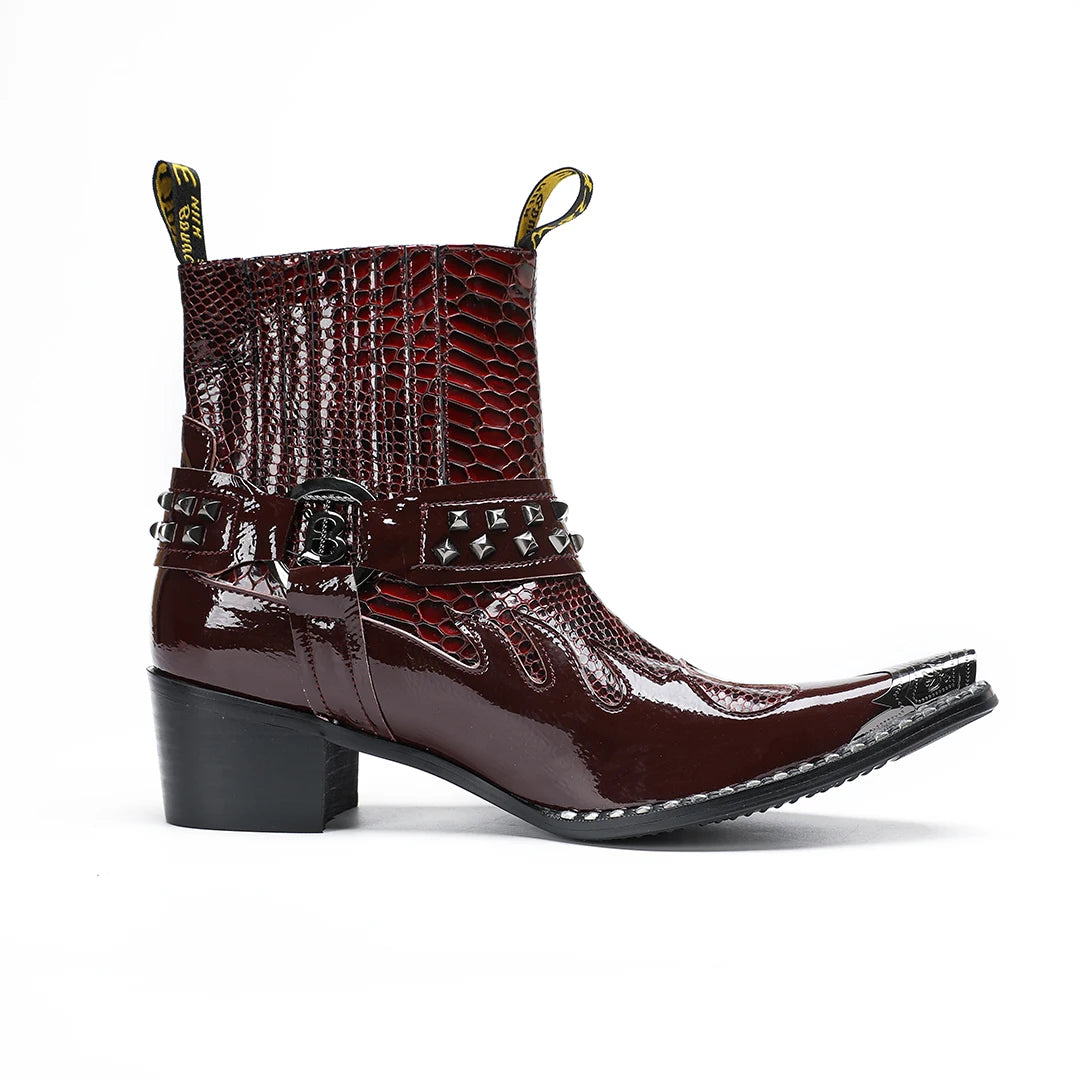 New Men's Genuine Leather Mid-Heel Riding Boots Slip-On Dress Shoes Punk Totem Studded Iron Toe Western Chelsea Boots