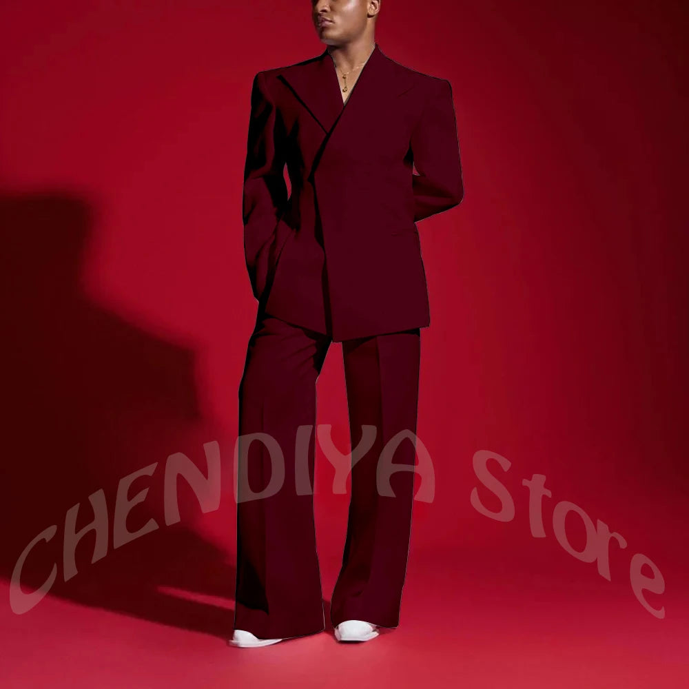 Elegant White Men Suit Peak Lapel Handsome Casual Male Clothing Two Pieces Jacket Pants Banquet Party Suits Set Straight