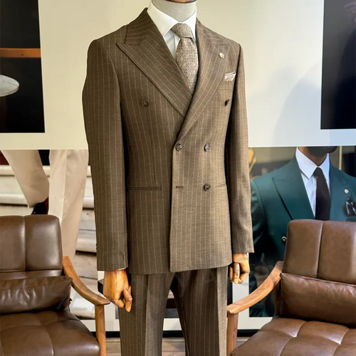 Business Striped Men Suit Set Two Pieces High Quality Peaked Lapel Double Breasted Formal Outfit Jacket Pants Customized