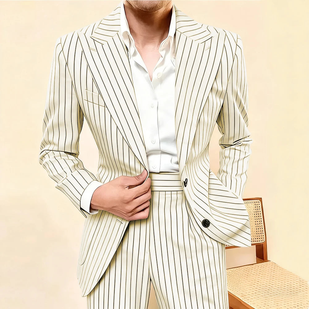 Elegant Striped Men Suit 2 Piece Fashion Single Breasted Peak Lapel Costume Homme Business Casual Daily Office Male Jacket Pants